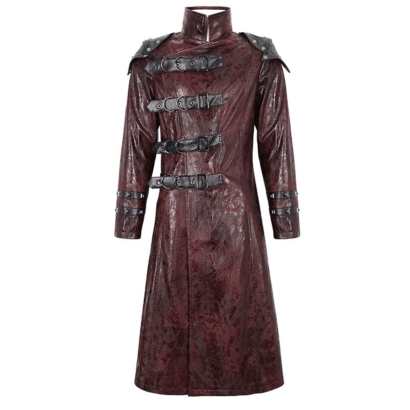 Men's Punk Stand Collar Multi-buckle Faux Leather Coat Red - Image 6