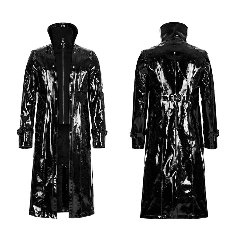 Men's Punk Stand Collar Patent Leather Long Coat - Image 5