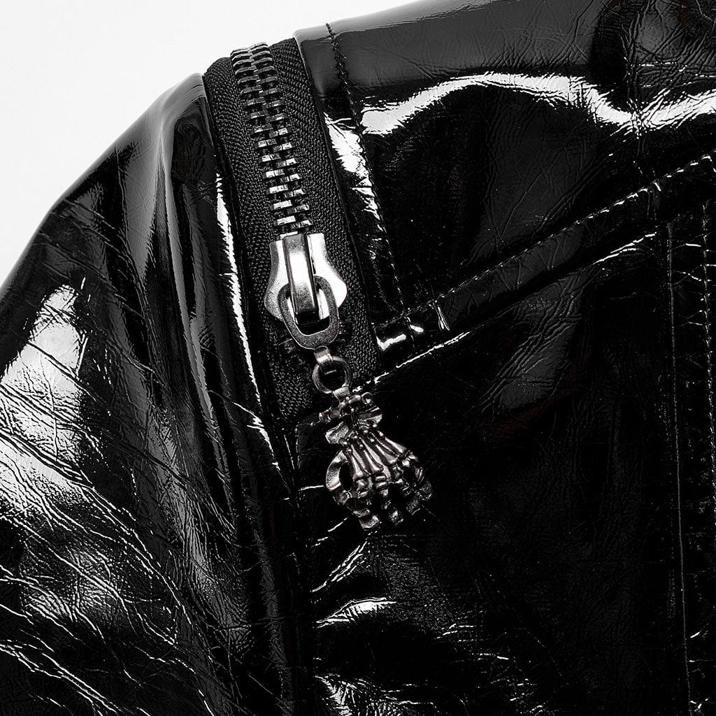 Men's Punk Stand Collar Patent Leather Long Coat - Image 7