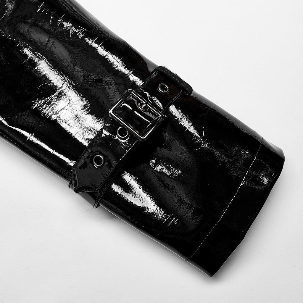 Men's Punk Stand Collar Patent Leather Long Coat - Image 9