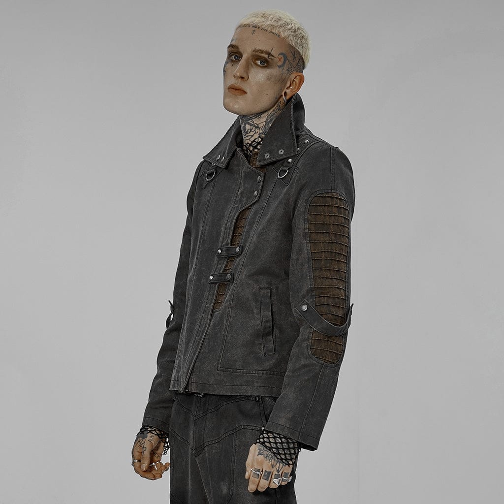 Men's Punk Stand Collar Splice Distressed Jacket - Image 2