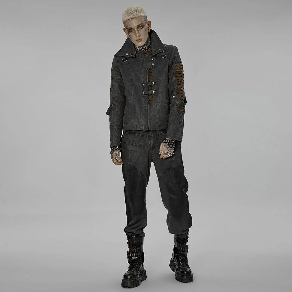 Men's Punk Stand Collar Splice Distressed Jacket - Image 4