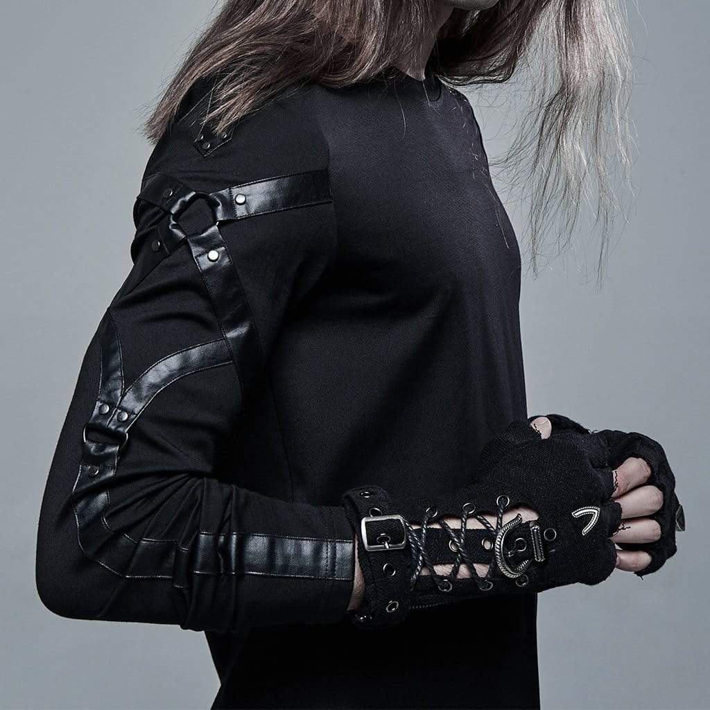 Men's Punk Strappy Cutout Buckles Black Gloves - Image 2
