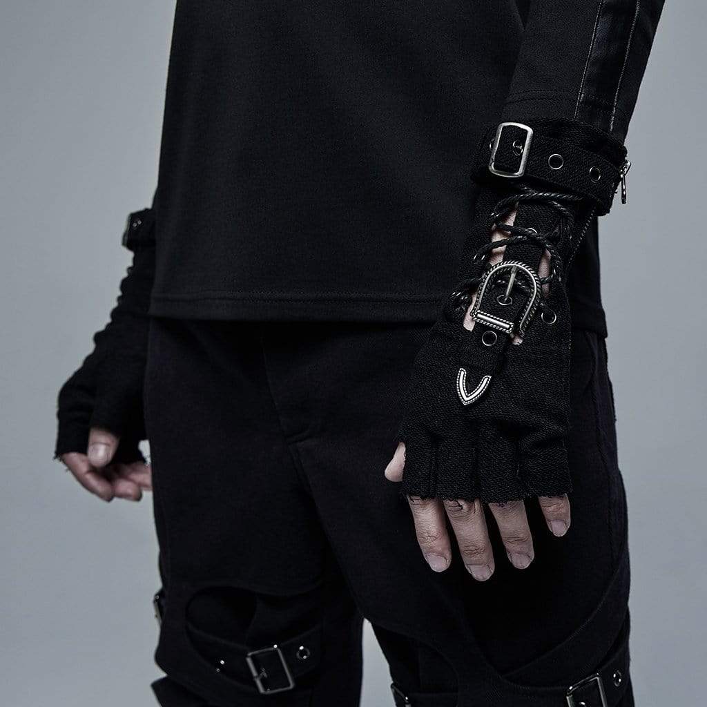 Men's Punk Strappy Cutout Buckles Black Gloves - Image 3