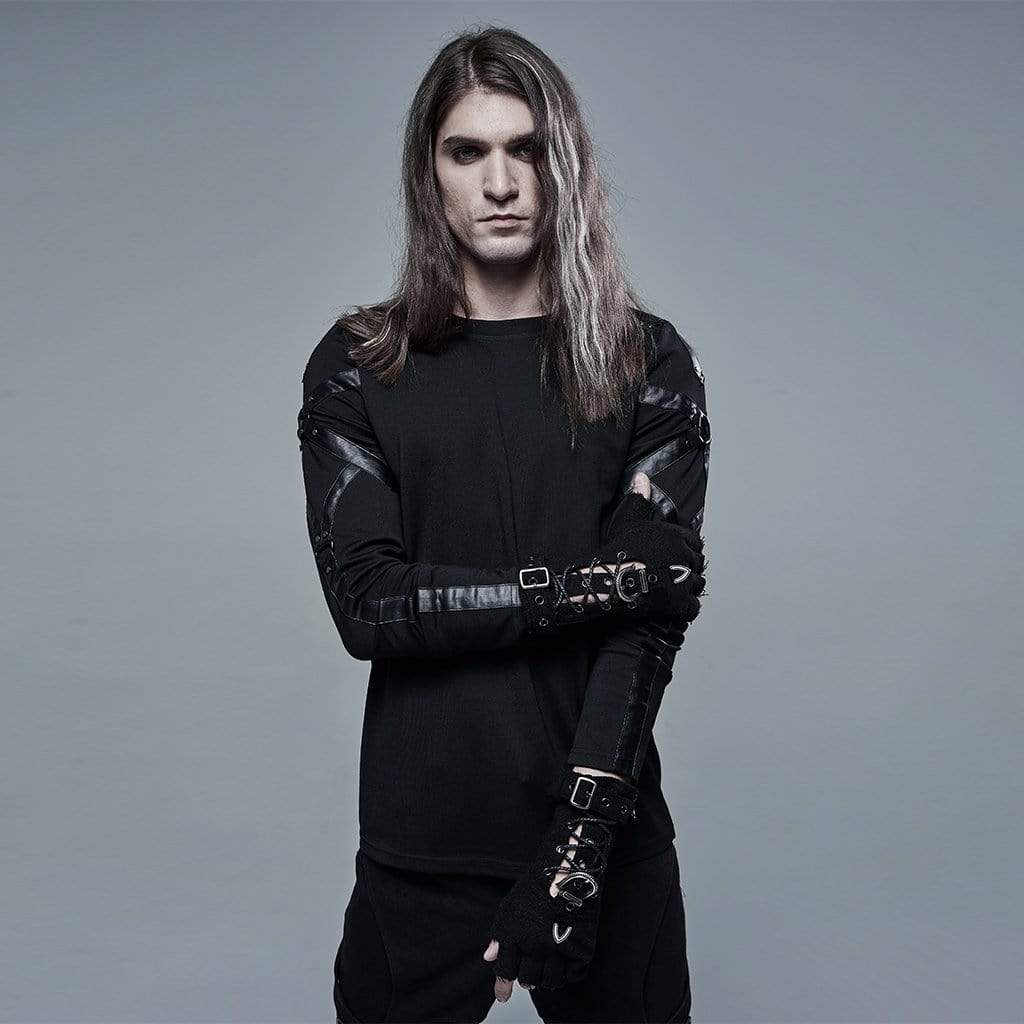 Men's Punk Strappy Cutout Buckles Black Gloves - Image 4