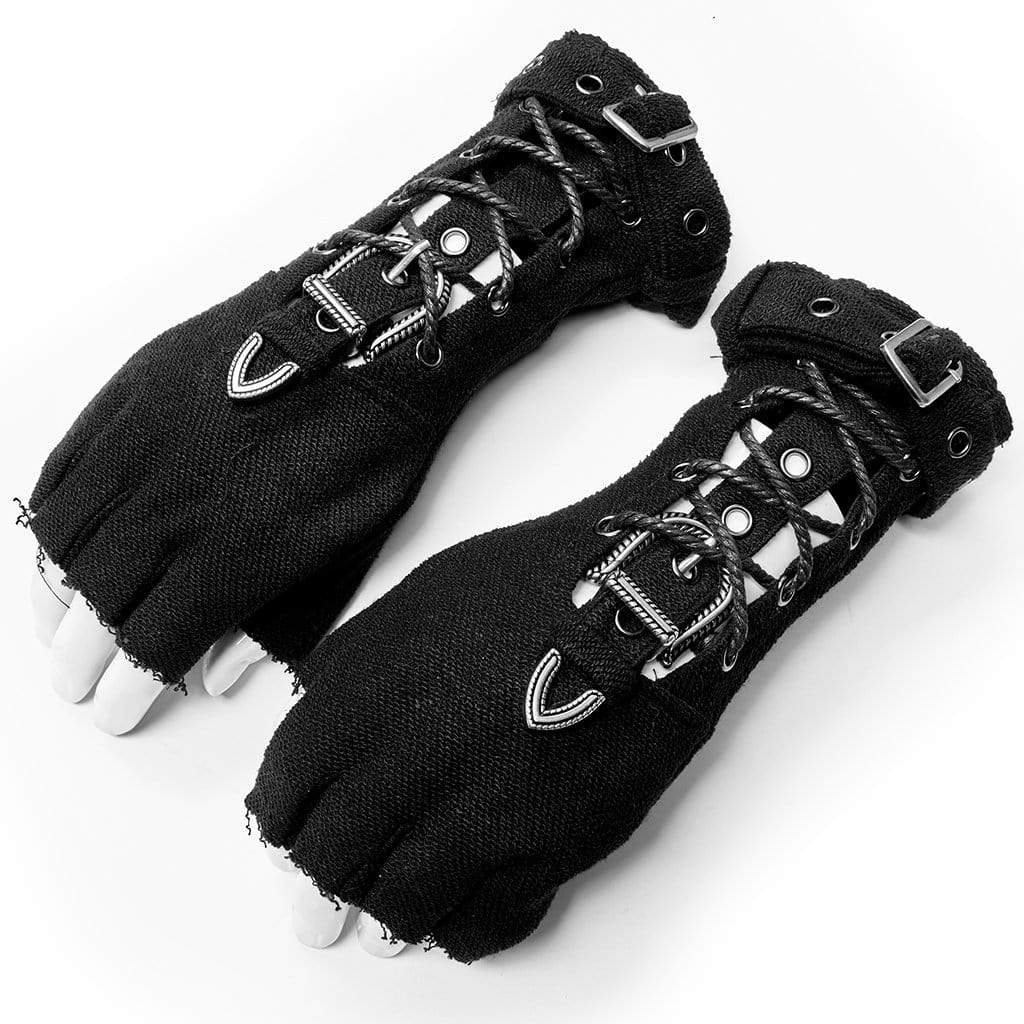 Men's Punk Strappy Cutout Buckles Black Gloves - Image 5