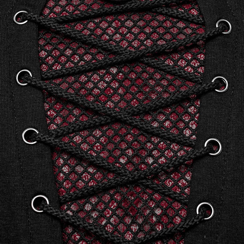 Men's Punk Strappy Mesh Splice Black Red Shirt - Image 8