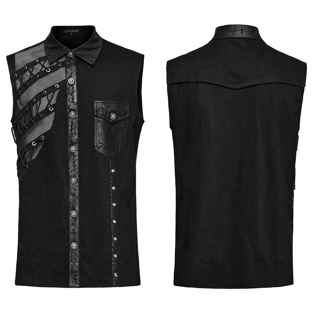 Men's Punk Strappy Mesh Splice Faux Leather Vest - Image 5