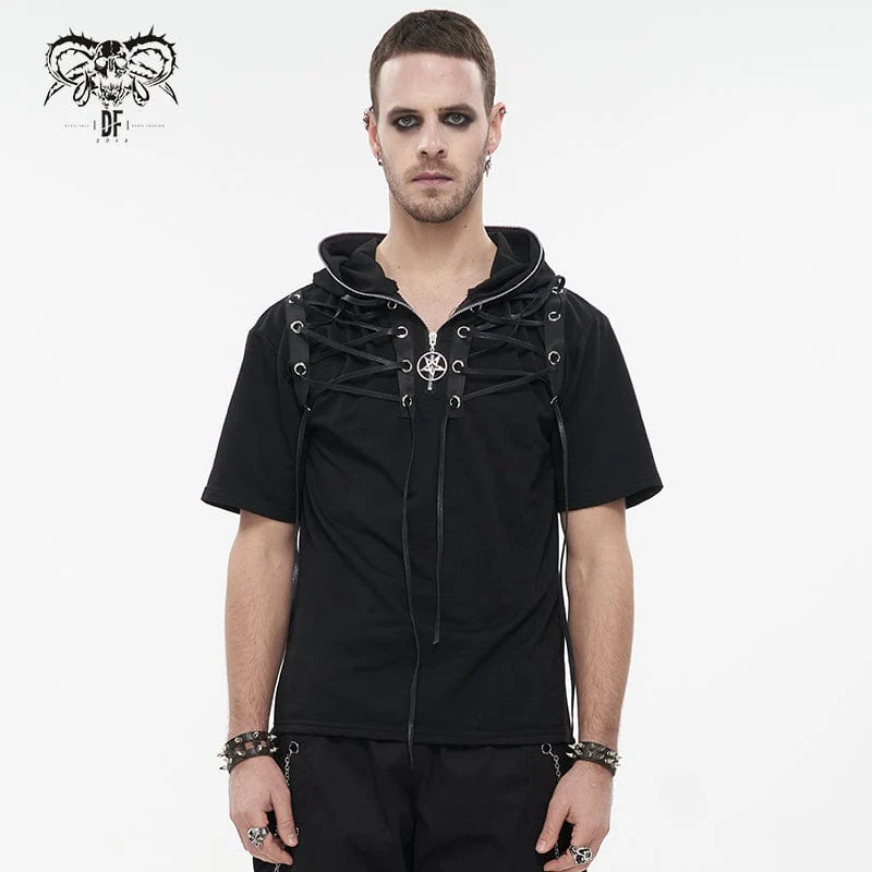Men's Punk Strappy Star Zipper Shirt with Hood - Image 2
