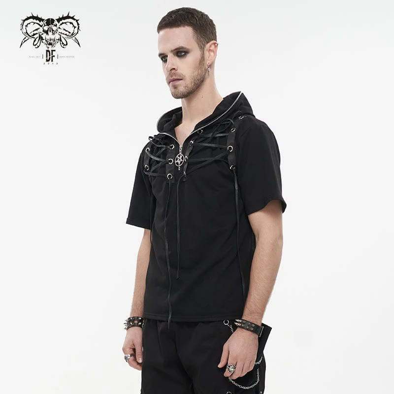 Men's Punk Strappy Star Zipper Shirt with Hood - Image 3