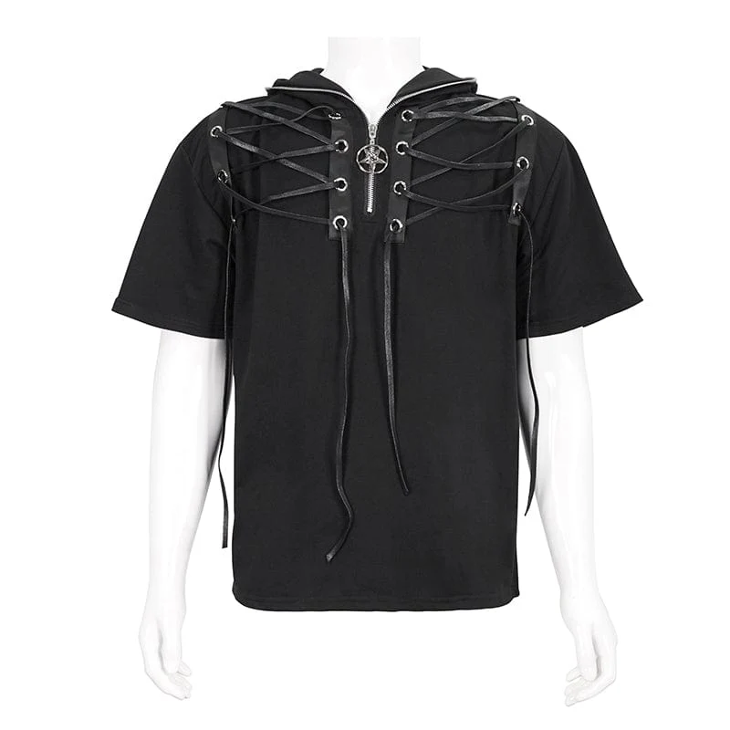 Men's Punk Strappy Star Zipper Shirt with Hood - Image 6