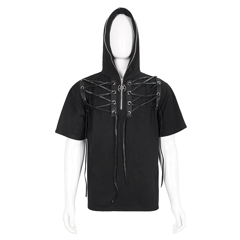 Men's Punk Strappy Star Zipper Shirt with Hood - Image 7