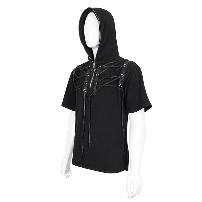 Men's Punk Strappy Star Zipper Shirt with Hood - Image 8