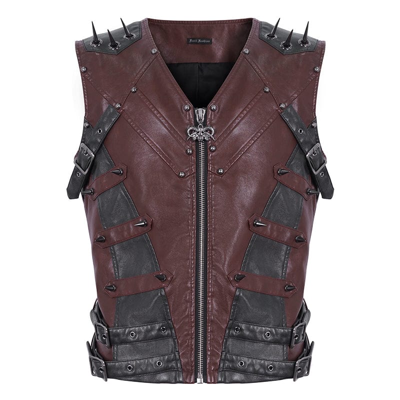 Men's Punk Studded Red Faux Leather Vest - Image 7