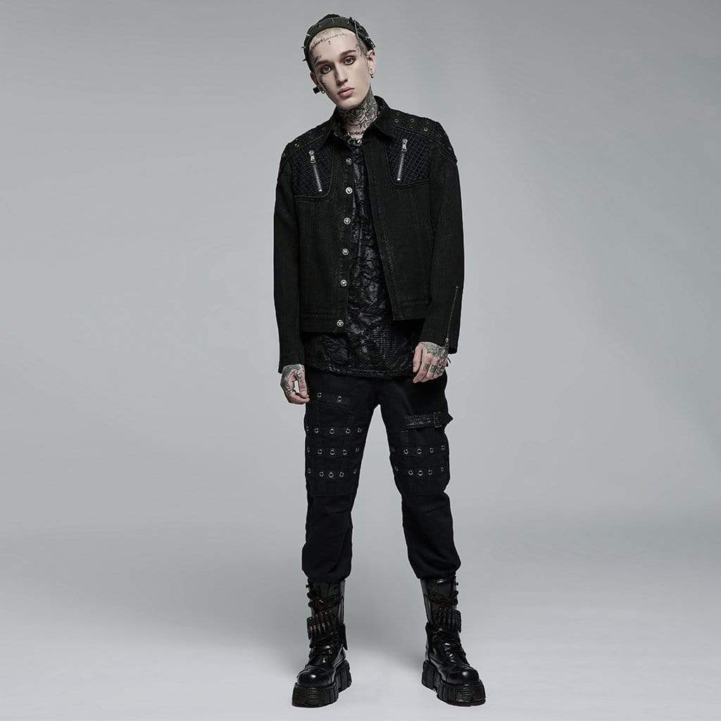 Men's Punk Turn-down Collar Mesh Splice Jacket - Image 4