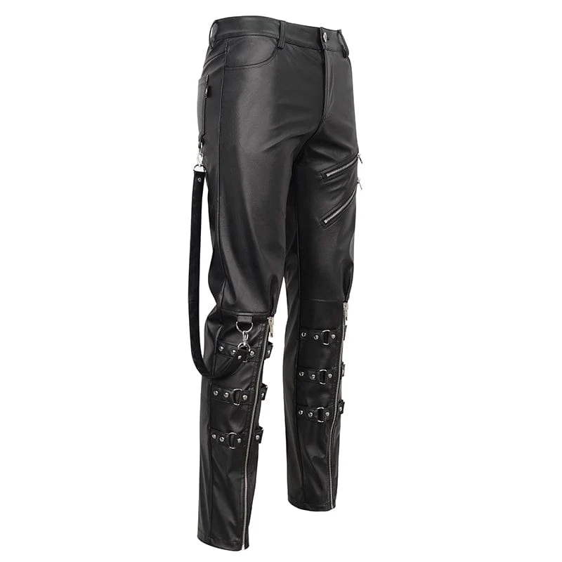 Men's Punk Zipper Faux Leather Pants - Image 9