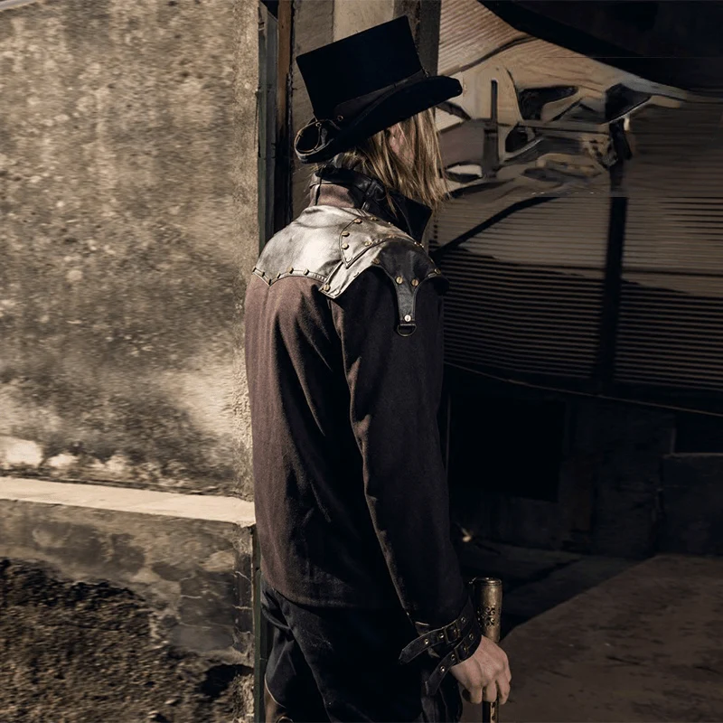 Men's Steampunk Faux Leather Epaulet Jacket - Image 4
