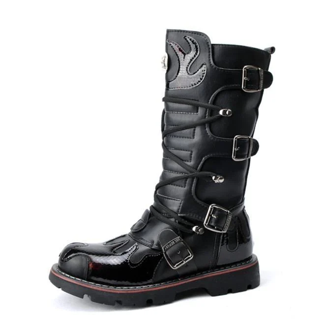 Men's Steampunk Fire Totem Black High Boots Motorcycle Boots - Image 4