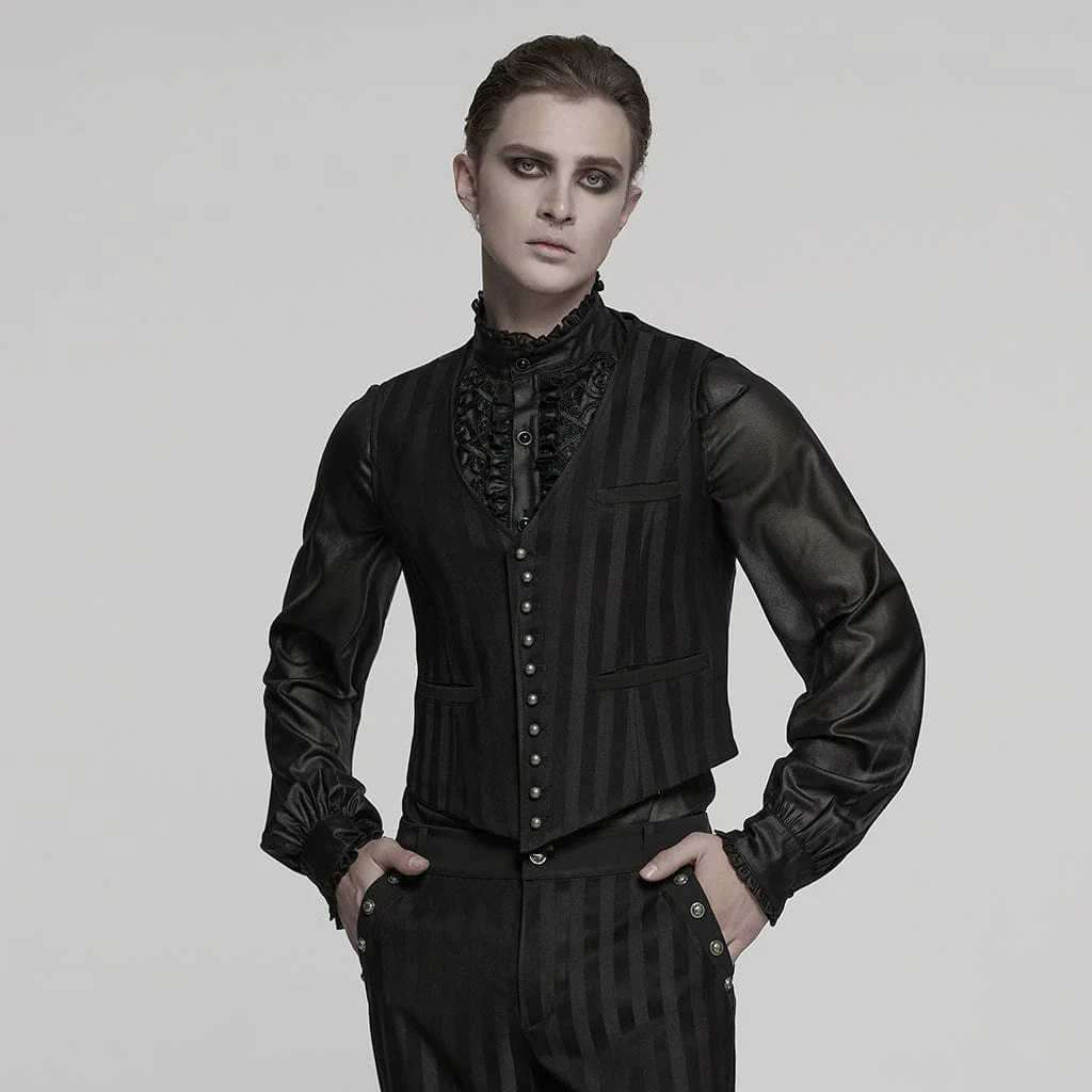 Men's Steampunk Striped Buckle Waistcoat Black