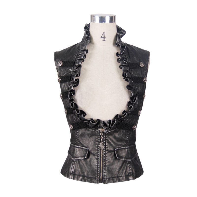 Women's Punk Faux Leather Waistcoat With Leather Frills - Image 4