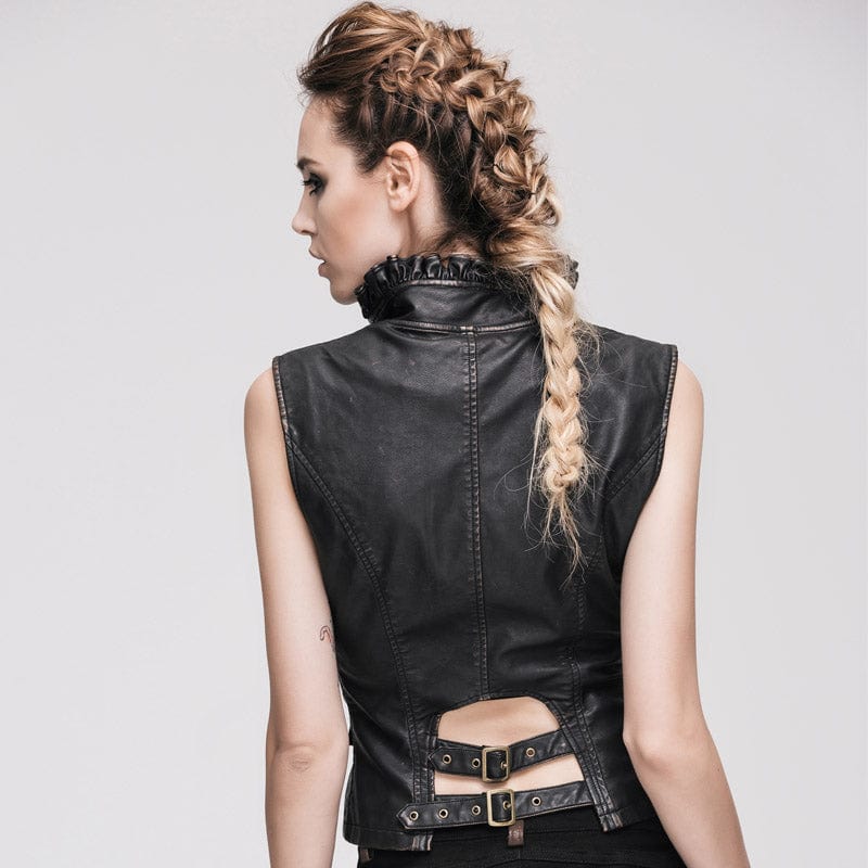 Women's Punk Faux Leather Waistcoat With Leather Frills - Image 3