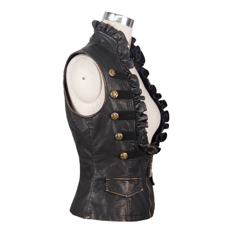 Women's Punk Faux Leather Waistcoat With Leather Frills - Image 5