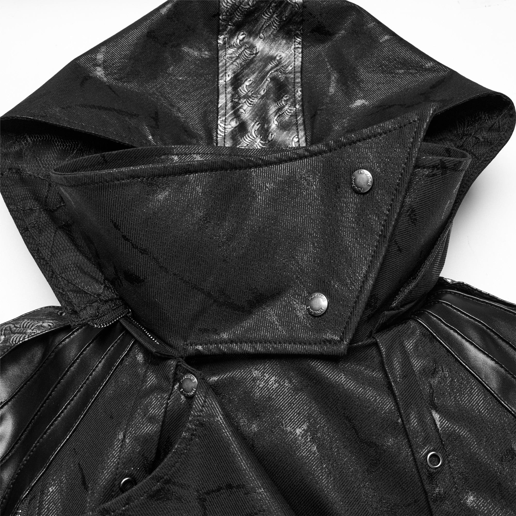 Men's Gothic Black Stretch Twill Fabric Chef Faux Leather Coat - Image 12