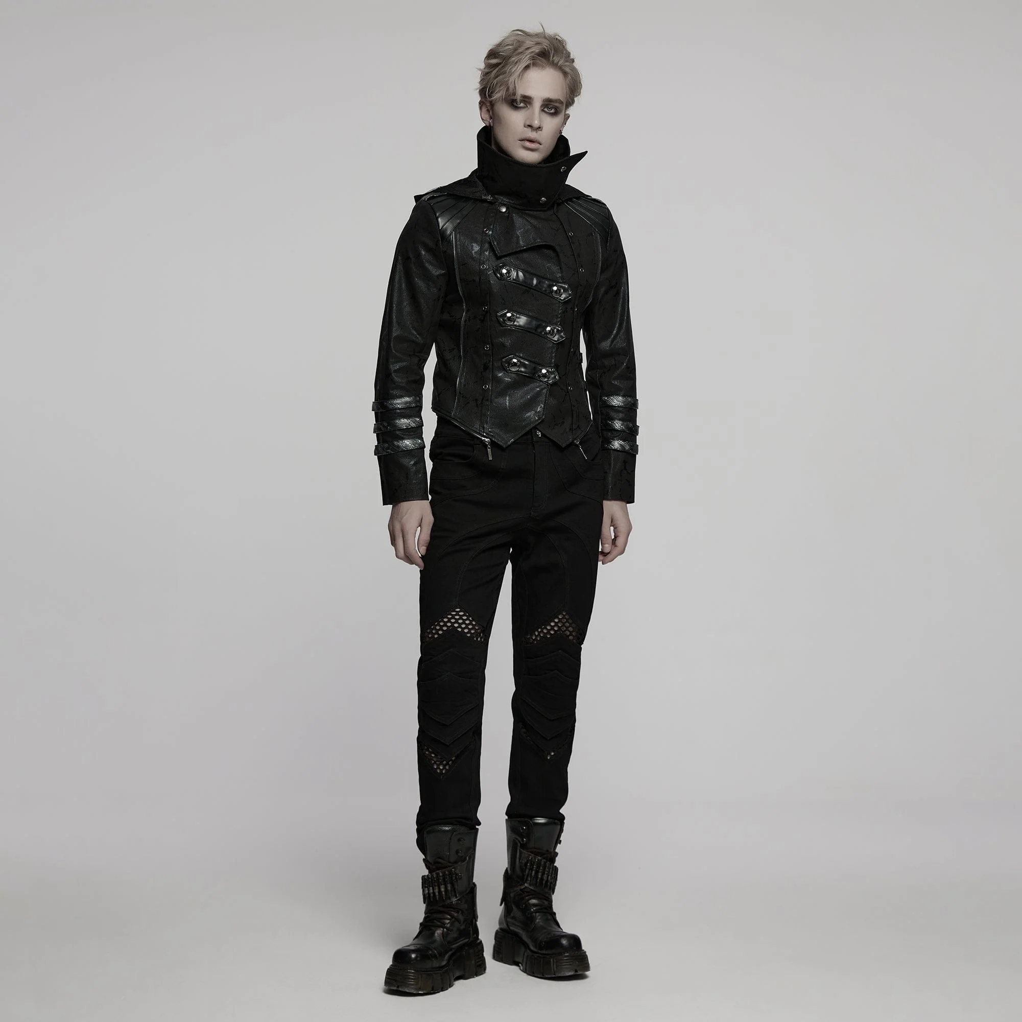Men's Gothic Black Stretch Twill Fabric Chef Faux Leather Coat - Image 3