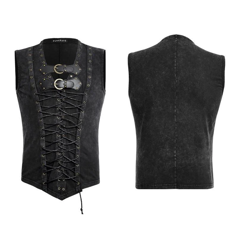 Men's Retro Lace Up Tank Top With Buckles Black - Image 5