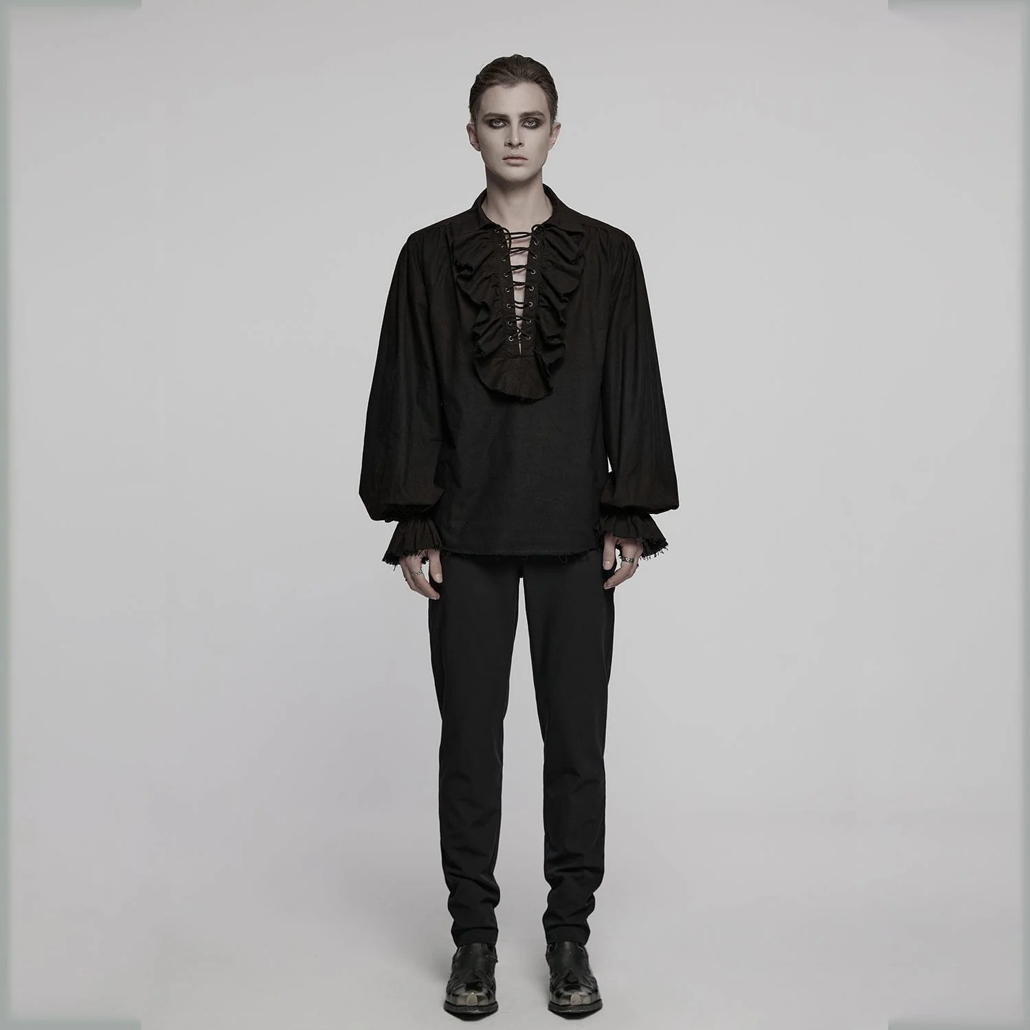 Punk Rave Men's Steampunk Ruched Lace-up Drawstring Long-Sleeve Shirt Y873 - Image 4