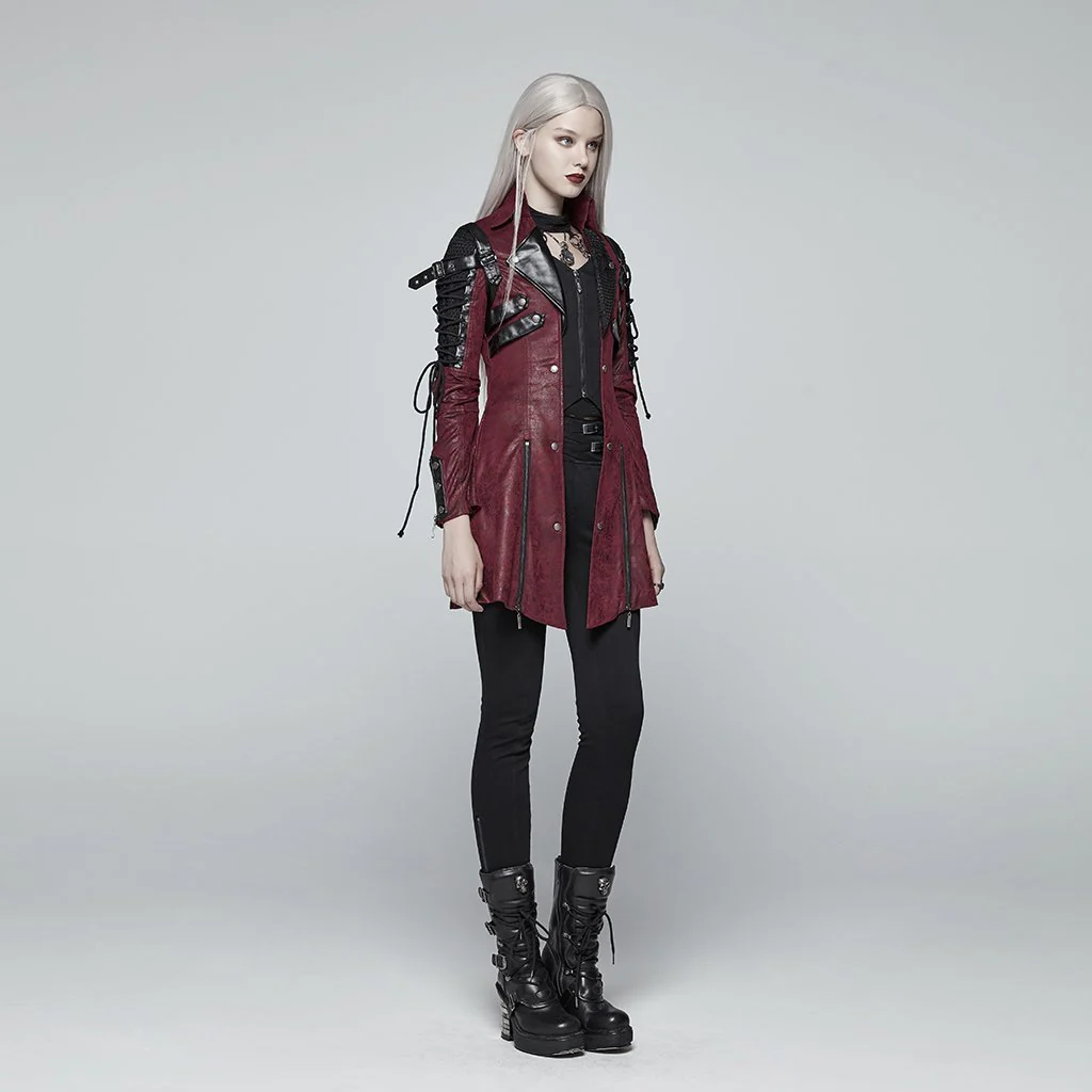 Women's Punk Studded Faux Leather Zipper Red Jacket - Image 5