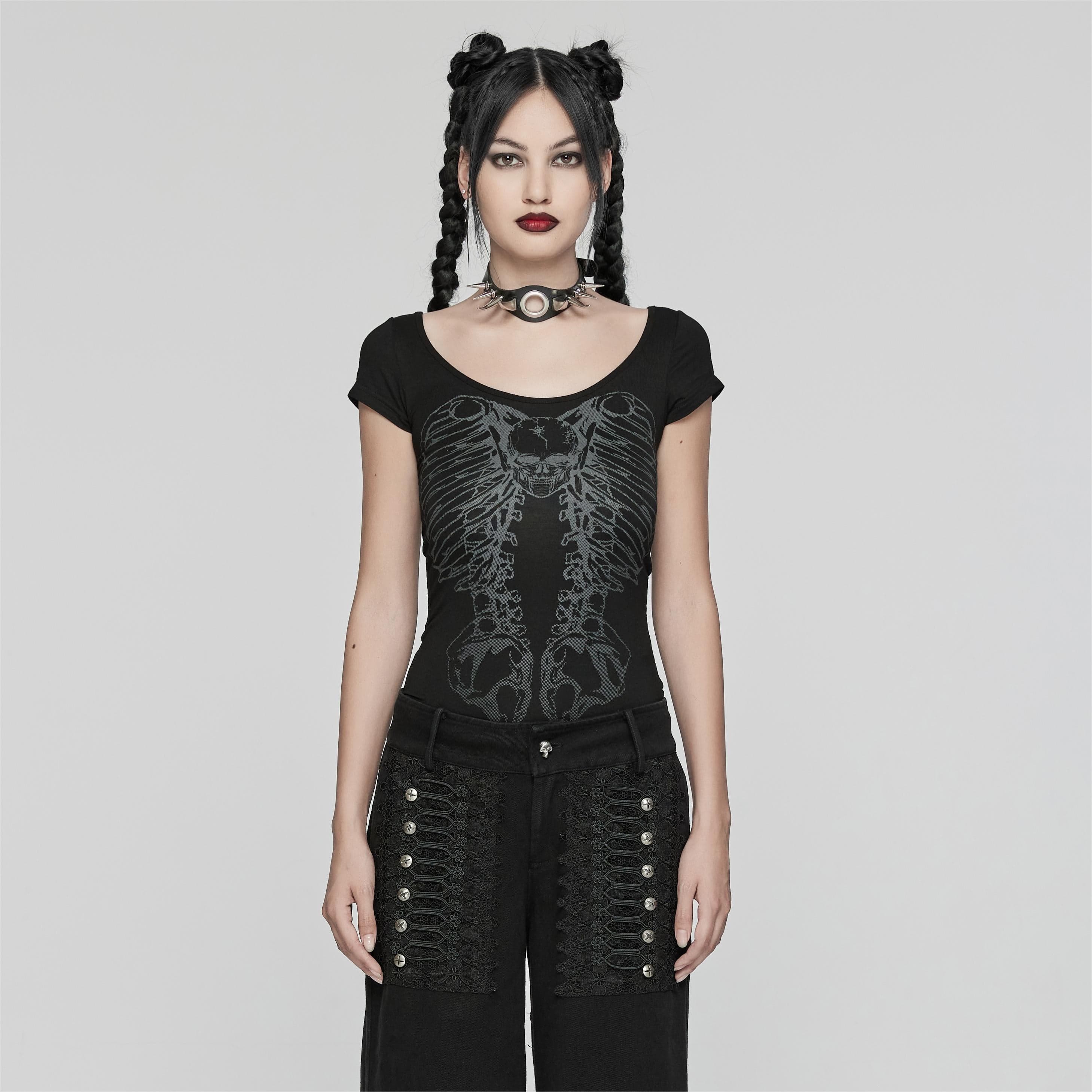 Women's Skull Bone Printed Hollow Out T Shirt Black