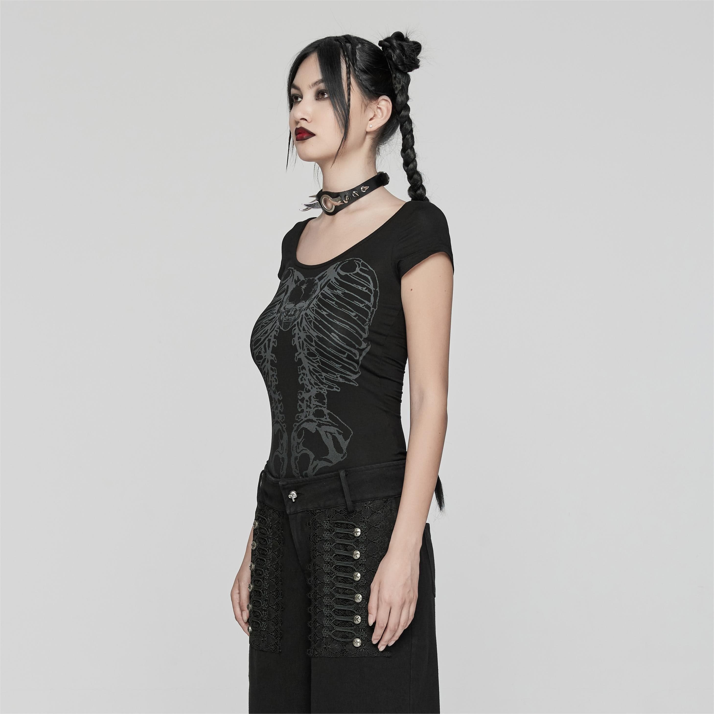 Women's Skull Bone Printed Hollow Out T Shirt Black - Image 2