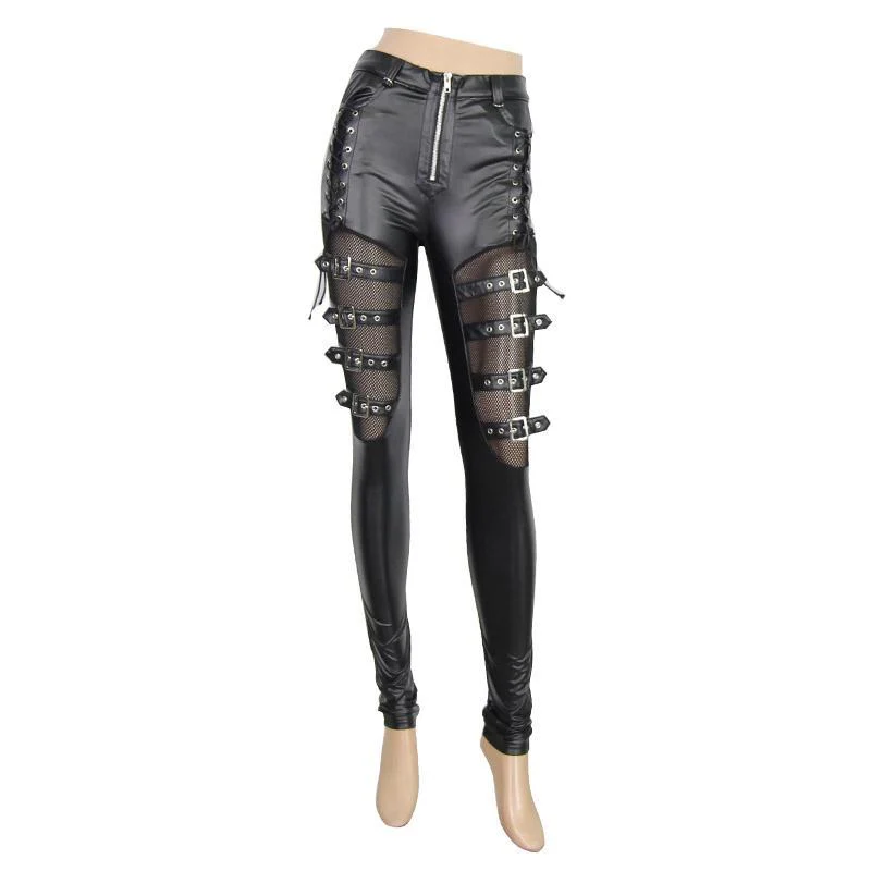 Women's Skinny Leather Lace and Straps Punk Trousers - Image 4