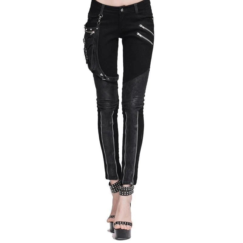 Women's Skinny Punk Pants With Leather Patches - Image 3