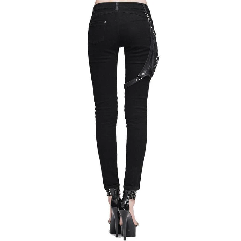 Women's Skinny Punk Pants With Leather Patches - Image 4