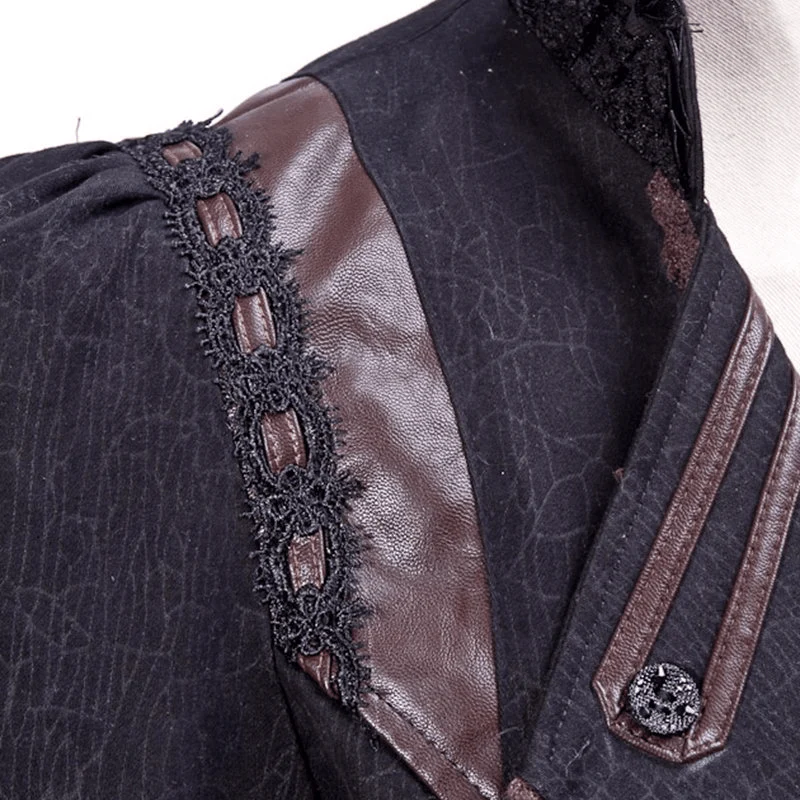 Steampunk Women's Faux Leather Lapel Lace Swallow Tailed Ruffle Coat - Image 4