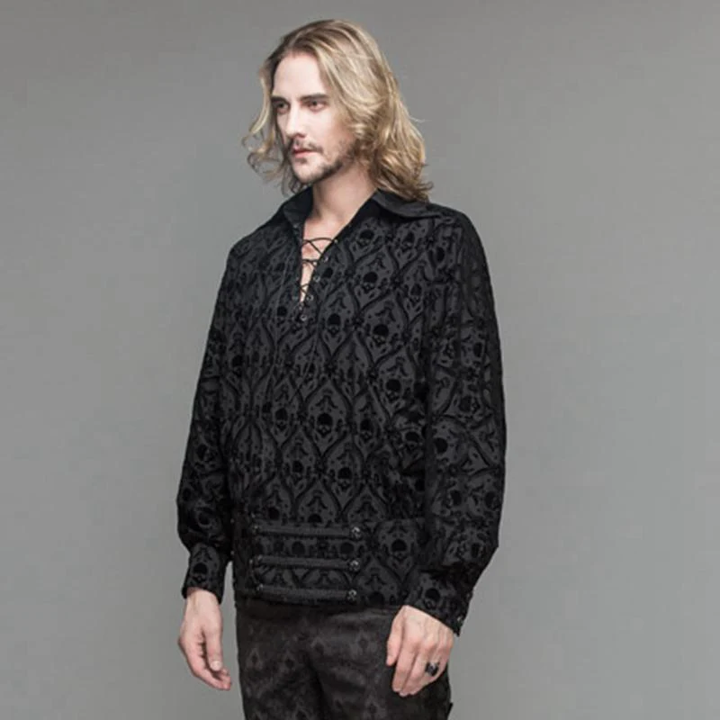Men's String and Grommet Lacing Gothic Self Patterned Shirt - Image 3