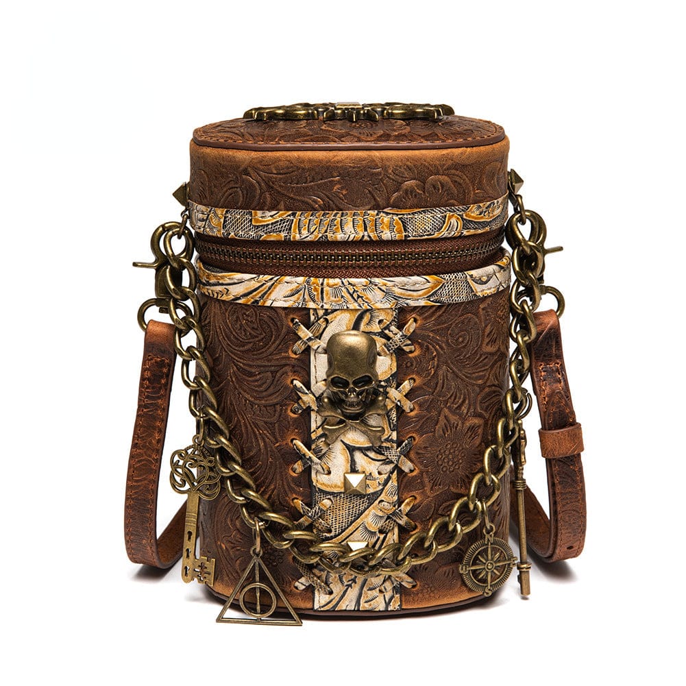 Unisex Steampunk Skull Embossed Bucket Bag with Chain