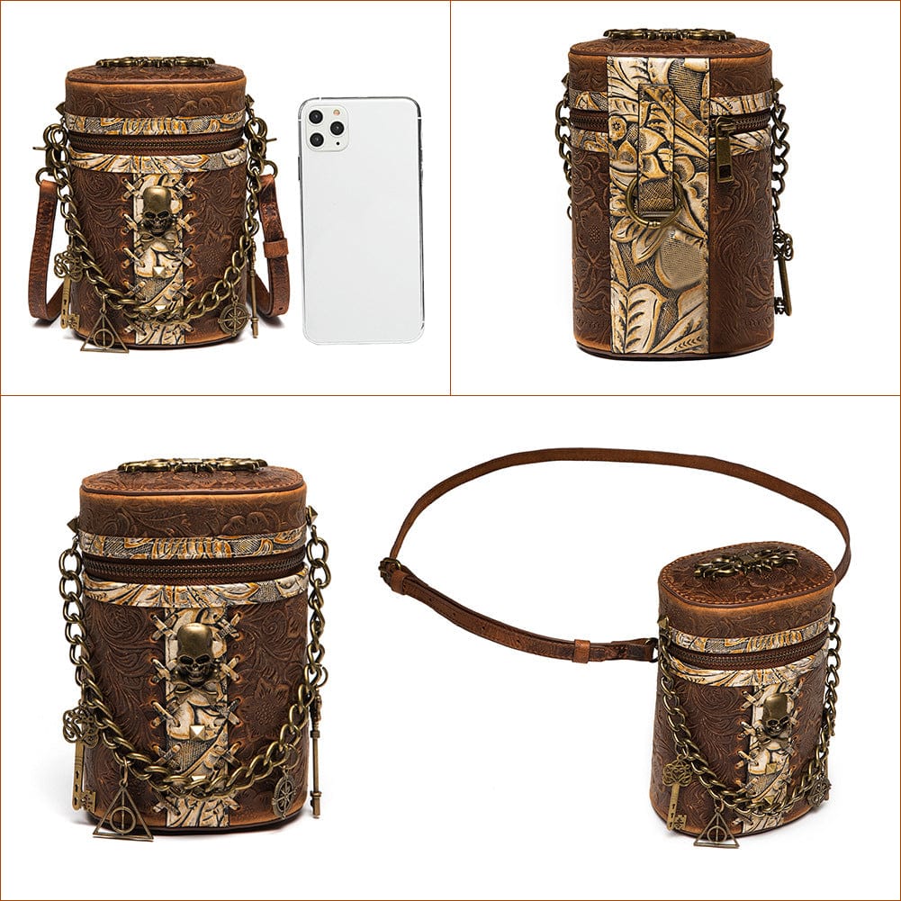 Unisex Steampunk Skull Embossed Bucket Bag with Chain - Image 4
