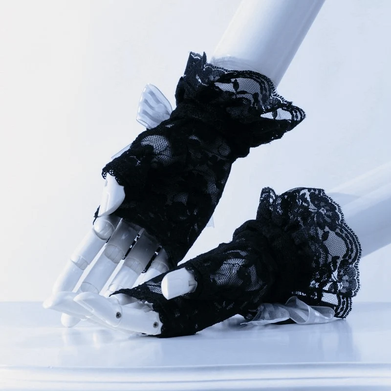 Vintage Cutaway Lace Gloves With Bow - Image 3