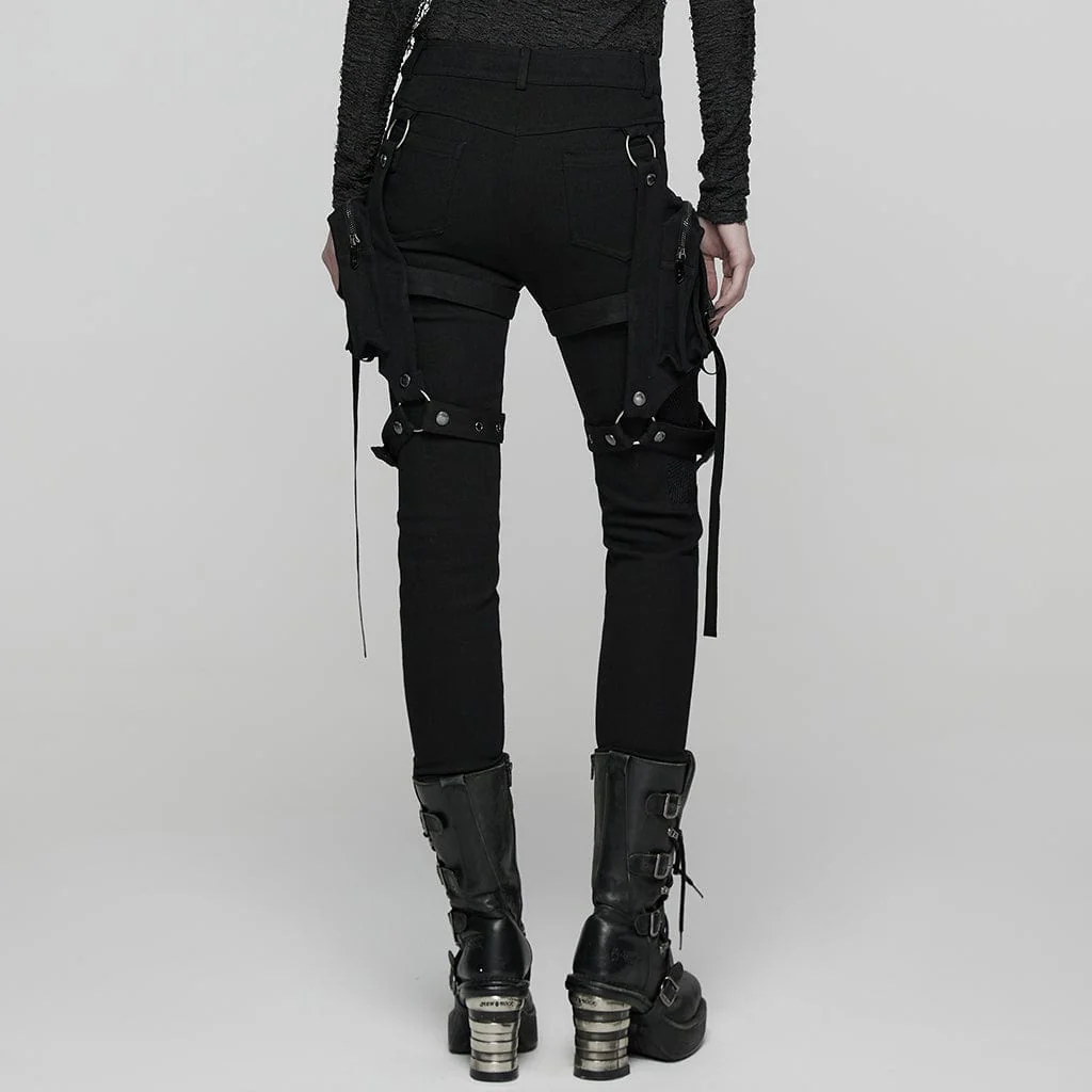 Women's Punk Mesh Splice Pants with Detachable Leg Bags - Image 3