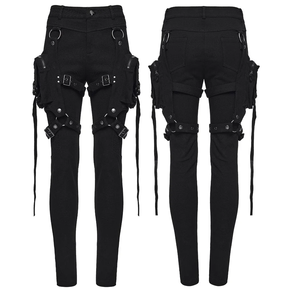Women's Punk Mesh Splice Pants with Detachable Leg Bags - Image 5