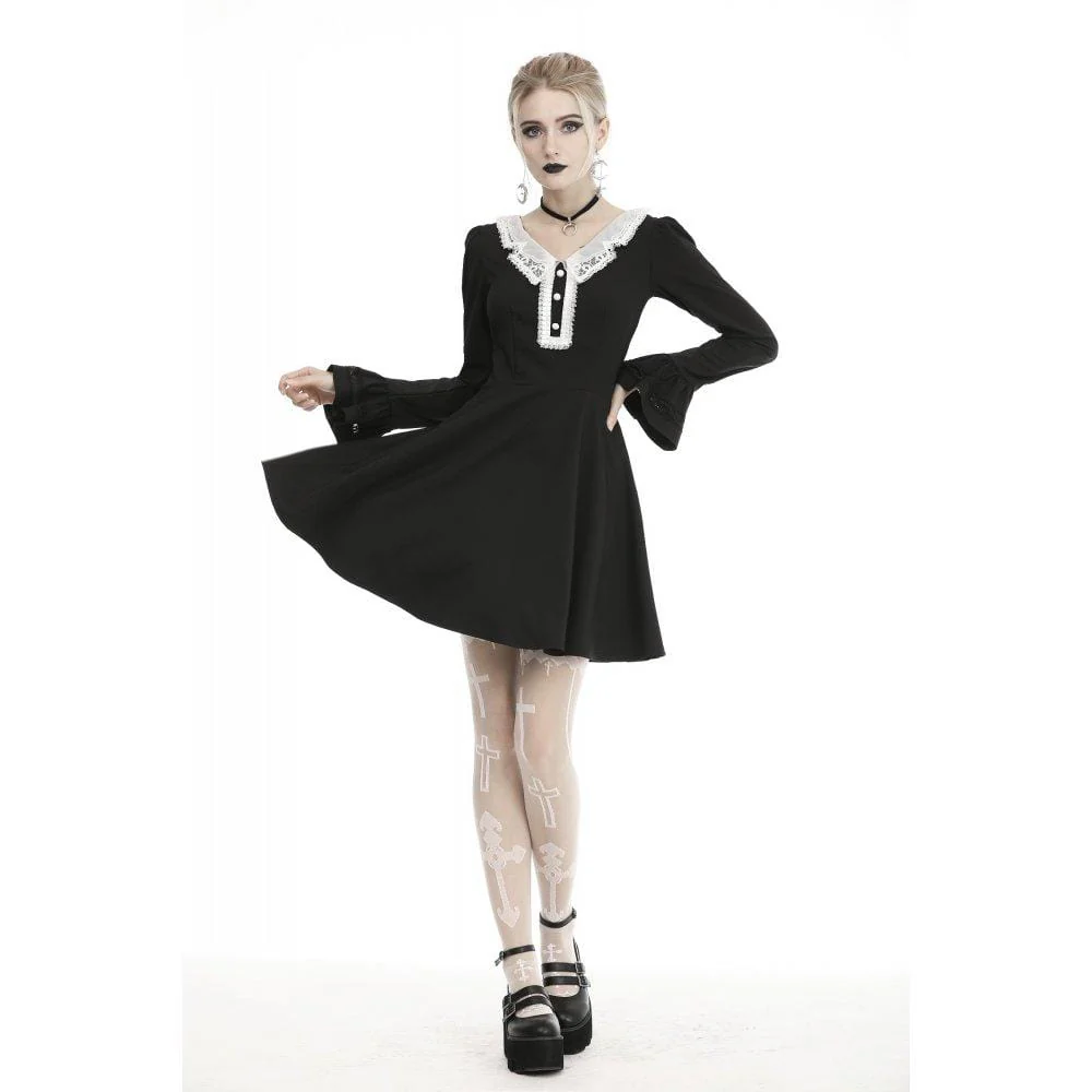 Womeb's Lace Collar Flare Sleeve Dresses - Image 3