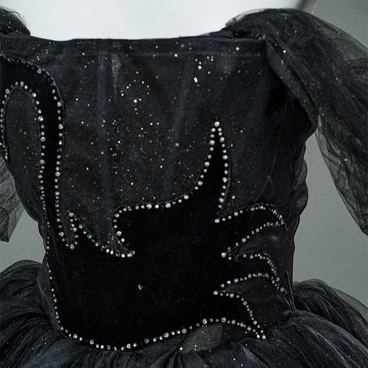 Women's Custom-made Gothic Black Swan Glittery Multi-layer Tulle Strapless Evening Gown Wedding Dress - Image 5