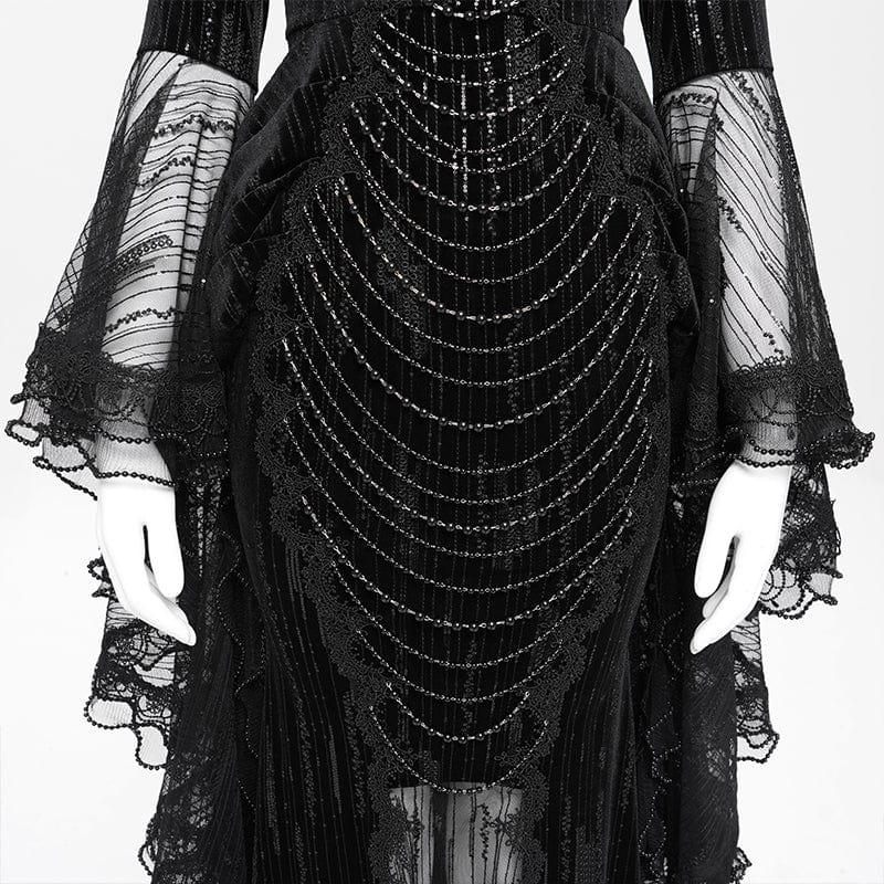 Women's Custom-made Gothic Feather Chain Plunging Long Sleeved Gown Black Dress Wedding Dress - Image 11