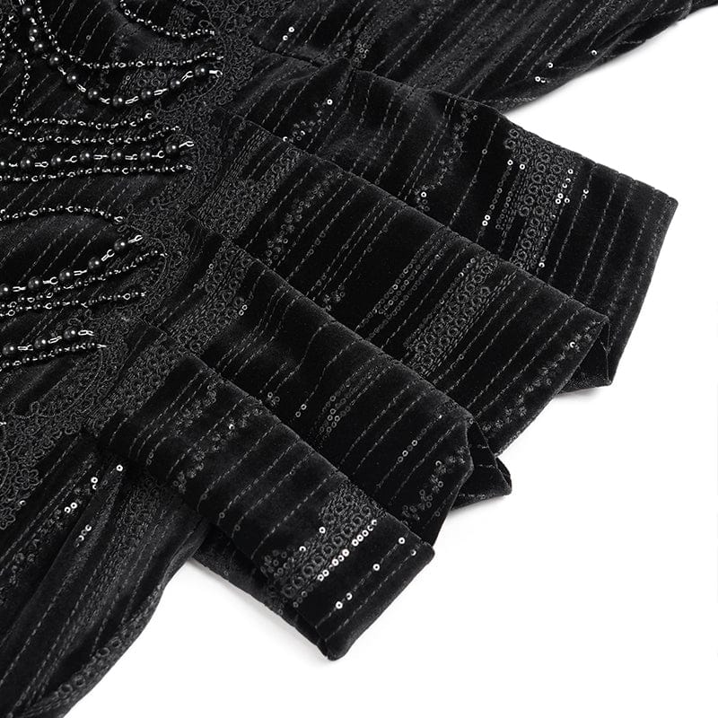 Women's Custom-made Gothic Feather Chain Plunging Long Sleeved Gown Black Dress Wedding Dress - Image 13