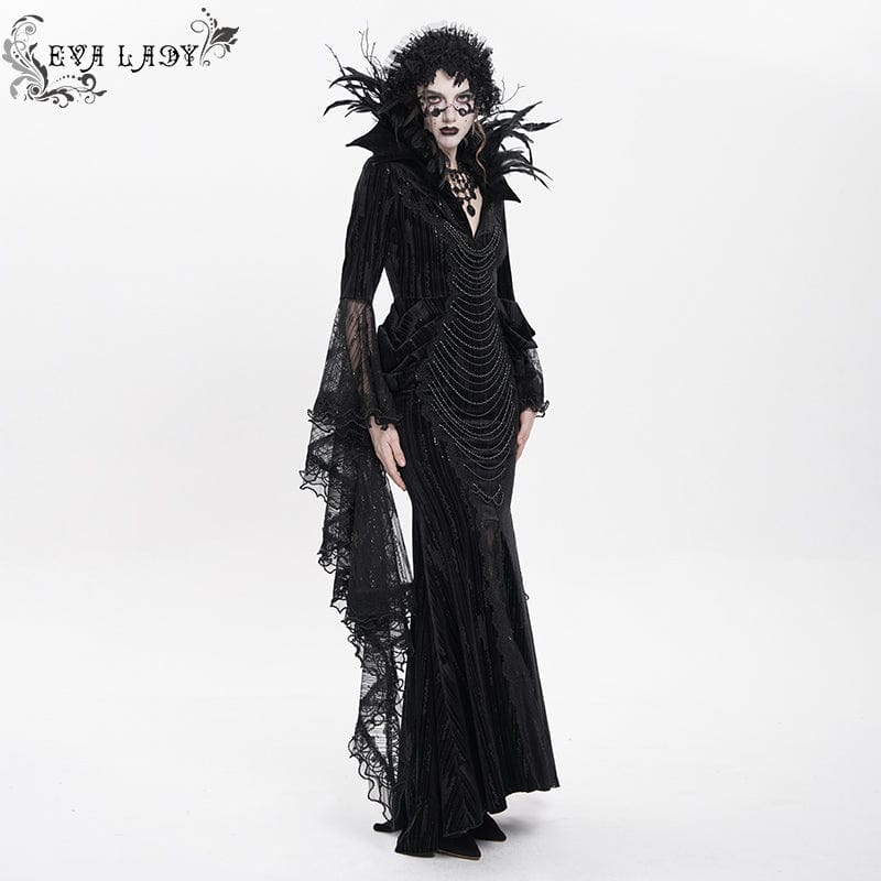 Women's Custom-made Gothic Feather Chain Plunging Long Sleeved Gown Black Dress Wedding Dress - Image 4