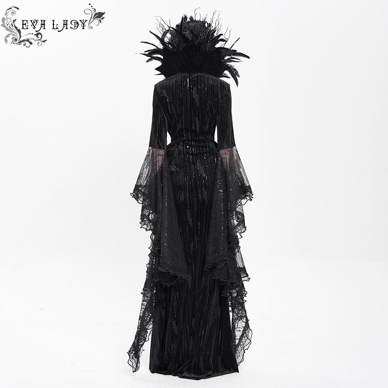 Women's Custom-made Gothic Feather Chain Plunging Long Sleeved Gown Black Dress Wedding Dress - Image 6