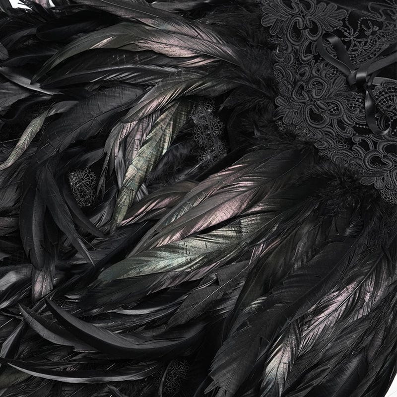 Women's Custom-made Gothic Lace-up Feather Slip Gown Black Dress Wedding Dress with Neckpiece & Sleeves - Image 13